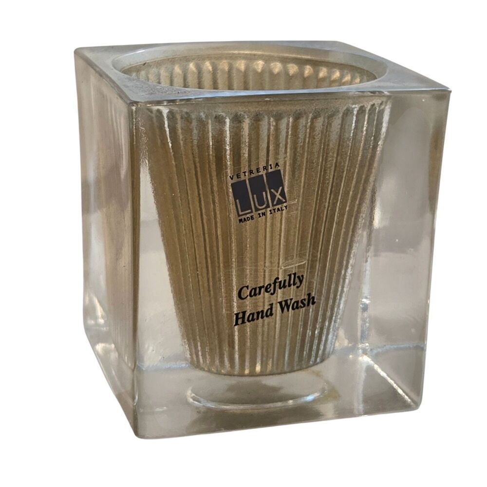 Vetreria Lux Made In Italy Candle Holder Trinket Gold Ribbed Center‎ 3" Cube